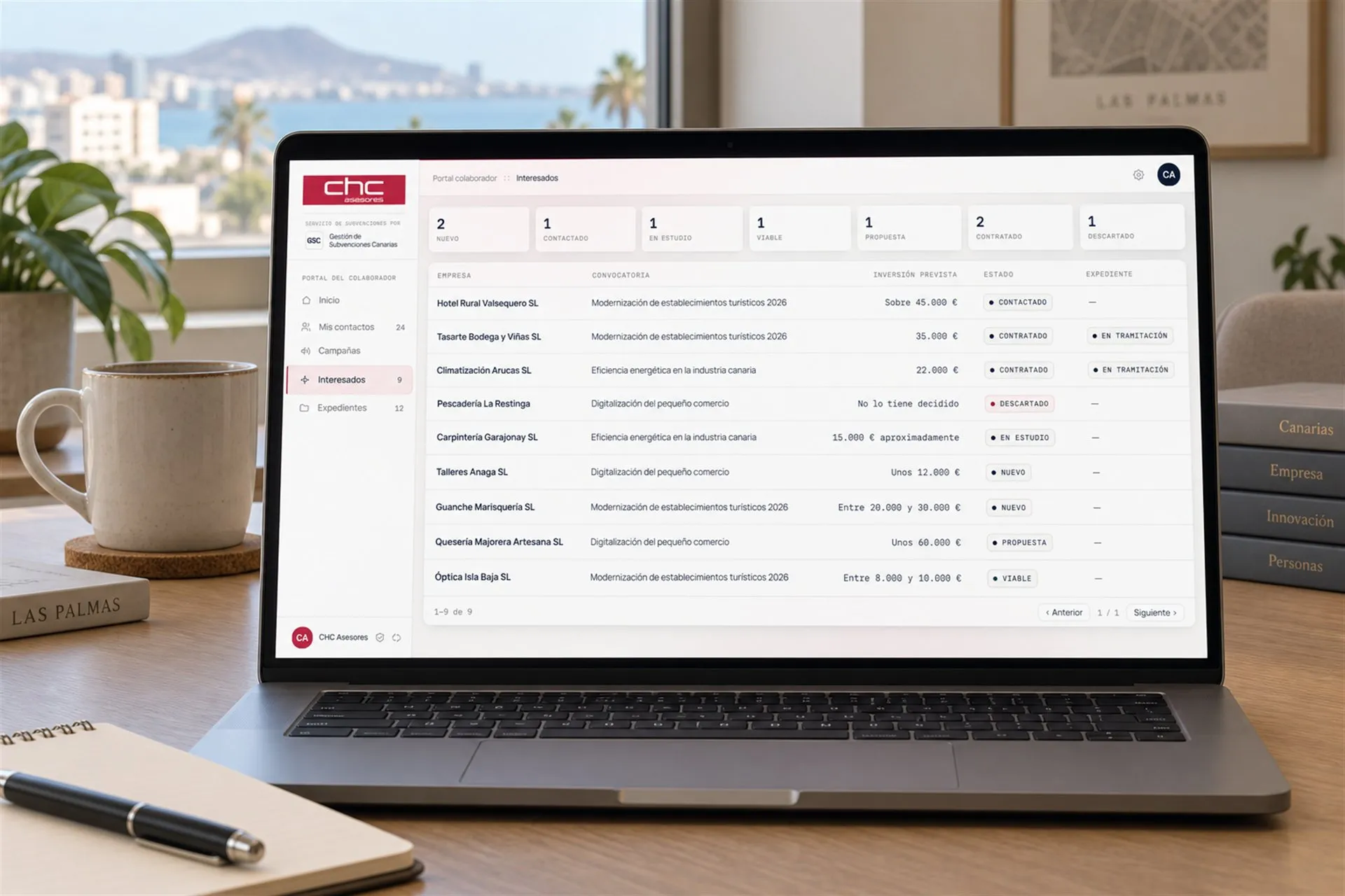 Portátil en una oficina con el portal del colaborador abierto en Interesados: nueve empresas con la convocatoria, la inversión prevista y su estado, de nuevo a contratado, y el expediente de las dos contratadas.